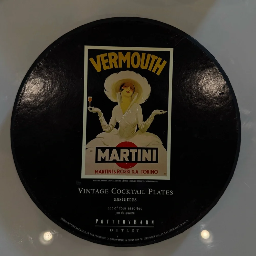 Pottery Barn Martini Vermouth Vintage Cocktail Plates - Black & Cream - New